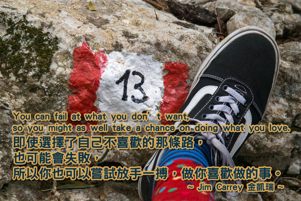 You can fail at what you don’t want, so you might as well take a chance on doing what you love.
即使選擇了自己不喜歡的那條路，也可能會失敗，所以你也可以嘗試放手一搏，做你喜歡做的事。